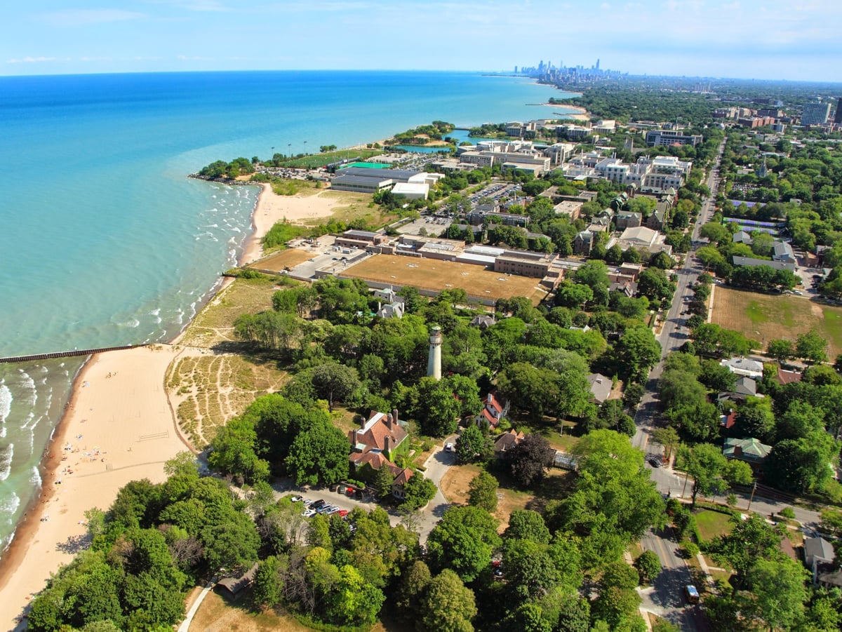 Aerial view of the Evanston lakefront and Grosse Point Lighthouse